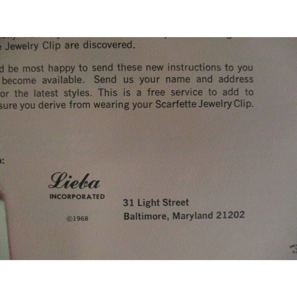 Vintage Mid-Century Lieba Scarfette Jewelery Clip Original Tag & Instructions - Picture 7 of 8